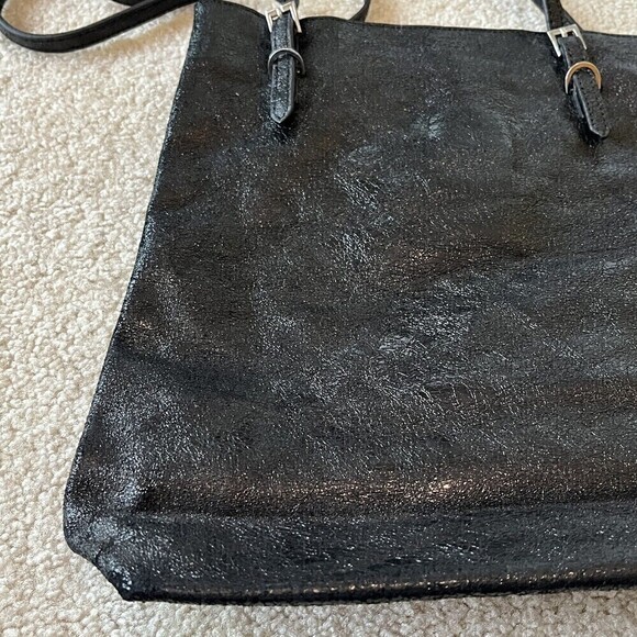 Tiffany and Fred Black Metallic Handbag Tote Bag Classic Modern Travel Shimmer - Picture 2 of 8